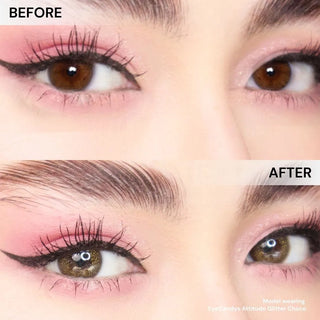 Close-up of eyes with pink eyeshadow and winged liner: top shows natural brown eyes ("before"), bottom shows eyes enhanced with EyeCandys Mocha Mousse Bundle (5 Pairs) prescription colored contacts ("after").
