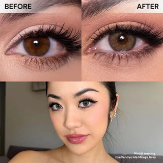 Split image: Top left shows a brown eye labeled "Before." Top right displays the eye with EyeCandys Mocha Mousse Bundle (5 Pairs) contacts, labeled "After." Bottom: Woman with makeup and brown Mocha Mousse lenses looks at camera.