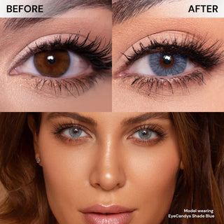 Close-up images show an eye before (brown iris) and after (blue iris) wearing EyeCandys Shade Blue contacts. Below, a model’s face displays the vivid blue effect. Text: "Model wearing EyeCandys Shade Blue by EyeCandys.