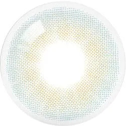 A close-up of Olola Able Blue by Olola shows a blue contact lens with light blue and yellow dot rings around a clear center, ideal for dark eyes or myopia correction.