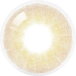 A close-up of the Olola Able Brown contact lens by Olola shows a brown lens with a translucent yellow and light brown dotted ring pattern on a white background. The clear center makes it ideal for dark eyes.