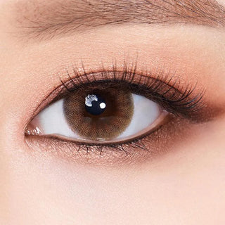 A close-up of a person's eye with long lashes and natural brown makeup, featuring Olola Amuse Brown color contact lens by Olola that enhances smooth skin and a well-defined eyebrow.