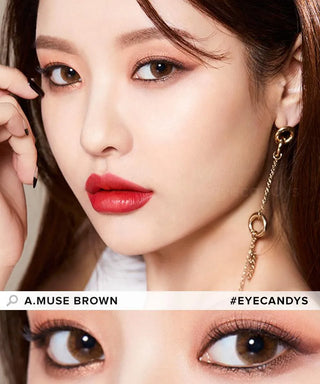 A woman with flawless makeup and bold red lips wears Olola Amuse Brown contacts. She has brown eyeshadow, long lashes, gold earrings, and myopia prescription lenses for clear vision. Close-up highlights the 6-month Olola contact lenses. #EYECANDYS.