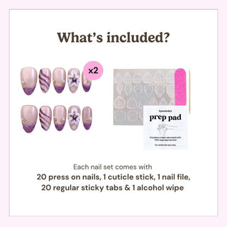 Image displays Aloha Darling Press-On Nails by EyeCandys: 20 handmade tropical nails with flower accents, a cuticle stick, nail file, 20 sticky tabs, and an alcohol prep pad. Both text and product images are shown.
