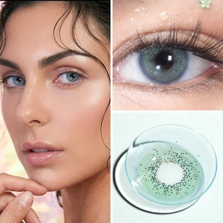 A collage shows a woman's face with light makeup, a close-up of her blue-green eye wearing EyeCandys Pink Label Amalfi Blue contacts, and a single Pink Label Amalfi Blue lens on a white surface.