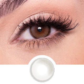 EyeCandys Amelie Grey prescription colored contact lenses on dark eyes  next to a cutout of the lens design