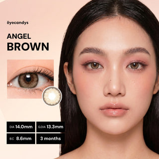 A woman wears EyeCandys Pink Label Angel Brown color contacts; a detailed eye inset highlights the lenses. Text: "ANGEL BROWN," "DIA 14.0mm," "G.DIA 13.3mm," "B.C 8.6mm," and "3 months.