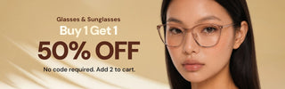 EyeCandys prescription reading glasses with blue light blocking technology modeled for a Buy 1 Get 1 50% Off promotion.