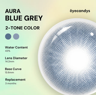 Close-up of EyeCandys Aura Blue Grey cosplay contact lens with 43% water, 14.2mm diameter, and 13.6mm base curve—ideal for brown eyes; replace every 3 months. EyeCandys branding visible.