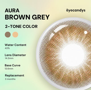 The EyeCandys Aura Brown Grey contacts feature a brown-grey 2-tone design, UV blocking, 43% water content, a 14.2mm diameter, 13.6mm base curve, and can be worn for up to 3 months.