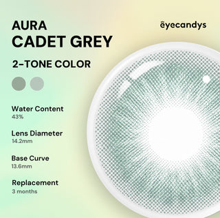 Close-up of EyeCandys Aura Cadet Grey: a 2-tone slate-grey contact lens by EyeCandys with 43% water content, 14.2mm diameter, 13.6mm base curve, UV blocking tech, and a recommended replacement every 3 months.