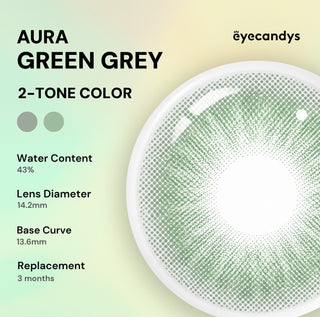 Promotional image for EyeCandys Aura Green Grey contact lenses by EyeCandys, highlighting jewel-toned 2-tone green grey eyes. Specs: 43% water content, 14.2mm diameter, 13.6mm base curve, UV blocking, 3-month replacement.