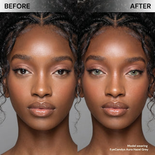Side-by-side comparison of a woman's face: her left shows natural brown eyes, while her right displays a stunning transformation with EyeCandys Aura Hazel Grey contact lenses from EyeCandys.