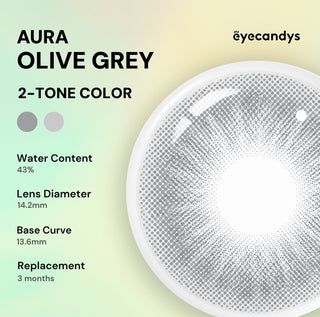 Promotional image for EyeCandys Aura Olive Grey contacts, featuring the lens design and specs: 43% water content, 14.2mm diameter, 13.6mm base curve, UV blocking, and a 3-month replacement cycle from EyeCandys.