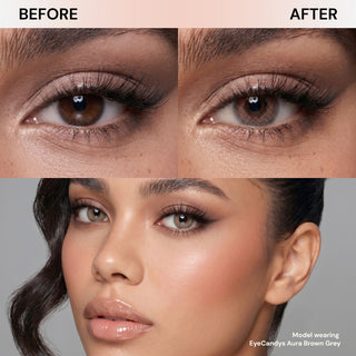 Split image compares eyes before and after wearing EyeCandys Aura Brown Grey contacts, plus a full-face shot of a model with enhanced eye color and makeup. Caption: "Model wearing EyeCandys Aura Brown Grey by EyeCandys.