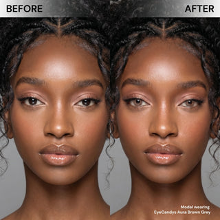 Side-by-side comparison of a woman's face: her left shows natural brown eyes, while her right displays a stunning transformation with EyeCandys Aura Brown Grey contact lenses from EyeCandys.