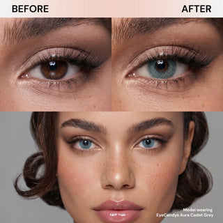 Split image: close-up of a brown eye labeled "Before" and a blue-grey eye labeled "After." Below, a woman wears EyeCandys Aura Cadet Grey contacts. Text reads: "Model wearing EyeCandys Aura Cadet Grey UV blocking contacts.