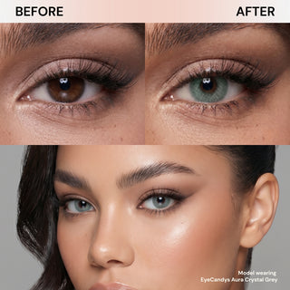 Split image: close-up of an eye before/after wearing EyeCandys Aura Crystal Grey contacts, plus a portrait of a woman with light grey eyes, smooth skin, and flawless makeup. Text notes she’s wearing EyeCandys by EyeCandys.