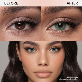 Side-by-side view of a model’s eyes: before (dark brown) and after wearing EyeCandys Aura Green Grey contacts; below, a portrait shows the model with luminous green grey eyes. Text: “Model wearing EyeCandys Aura Green Grey.”.