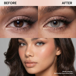 Close-up before-and-after photos show a woman's brown iris turning gray with EyeCandys Aura Olive Grey contacts. Below, her portrait features wavy brown hair, gray eyes, and natural makeup. Text highlights EyeCandys Aura Olive Grey.