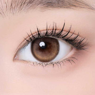 A close-up of a brown eye with long, curled lashes and neat brows. Smooth, fair skin is enhanced by i-Girl One Pick Becca Azuki Brown colored contacts from i-Girl for a naturally striking look.