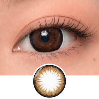 Close-up of eye wearing EyeCandys Bambi Almond Brown contact lens with detailed lens pattern and natural brown enlargement effect.