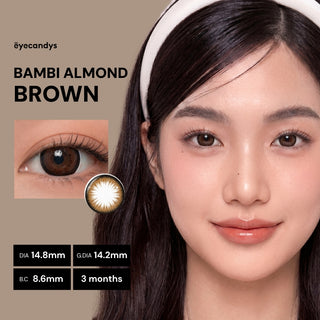 EyeCandys Bambi Almond Brown colored contact lenses worn by female model, featuring soft doll-eyed brown eyes with product specifications displayed.