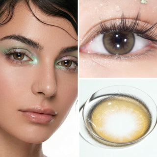 A woman with light green eye makeup, a close-up of a brown eye with long lashes, and the EyeCandys Pink Label Barcelona Brown contact lens on a white background highlight the natural beauty of these brown contacts.