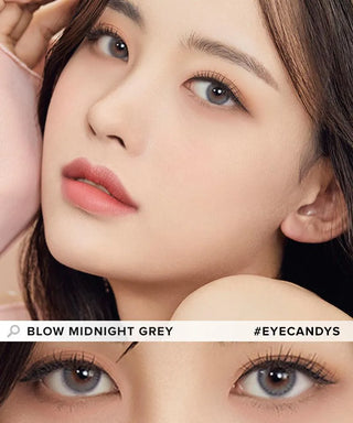 Close-up of a woman with smooth skin, soft makeup, and Olola Blow Midnight Grey contact lenses for dark eyes. Below, a detailed view showcases the grey contacts. Text reads “Olola Blow Midnight Grey—available in myopia prescription.”.