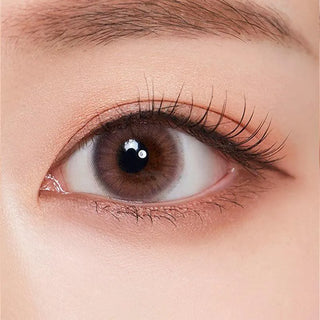 Close-up of a brown eye featuring long lashes and a defined brow, beautifully enhanced by Olola Blow Sunset Pink contact lens from Olola. Smooth skin and subtle, natural makeup complete the look.