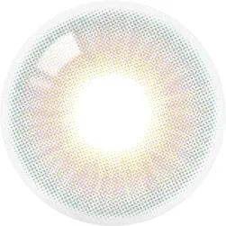 A close-up of the Olola Blow Sunset Pink contact lens by Olola shows a single lens with a light yellow and brown radial pattern around a clear center, designed to enhance the iris's appearance, available in myopia prescription.