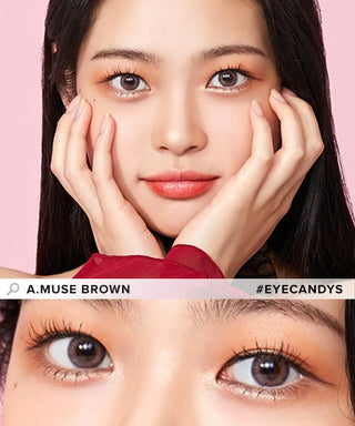A woman with long dark hair poses, hands framing her face and wearing Olola Blow Sunset Pink color contacts. A close-up highlights the sunset pink shade on her eyes. Text: "Olola Blow Sunset Pink #EYECANDYS".