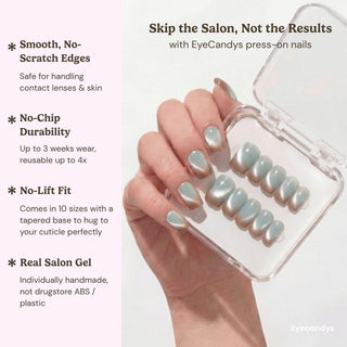 A hand holds EyeCandys Blue Hour Latte Press-On Nails in a clear case. Text highlights smooth edges, chip-resistant durability, secure no-lift fit, and salon gel manicure quality against a light pink background.