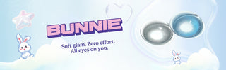 Close-up macro photography of Eyecandys Bunnie Jelly Blue and Milky Ash circle lenses with prescription, highlighting unique color blend and limbal ring