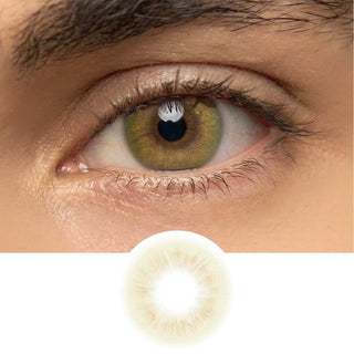 Male model wearing EyeCandys Cashmere Hazel prescription colored contact lens, warm natural eye look, best contact lens for everyday wear, affordable contact lens price
