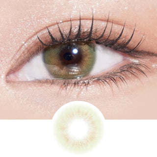Close-up of model with Eyecandys Cashmere Satin Olive prescription colored contact lenses for a soft, natural olive eye look