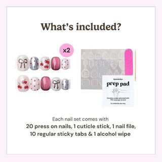 What’s included in the box: 20 press on nails, cuticle stick, nail file, 10 adhesive tabs, and alcohol wipe for easy at-home manicure application.