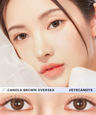 A close-up of a woman with natural makeup wearing Clalen IRIS Canola Brown (10pk) contacts by Clalen. A zoom highlights her eyes with the lenses. Text: "CANOLA BROWN OVERSEA #EYECANDYS".