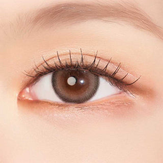 A close-up of a human eye wearing Clalen IRIS Mimosa Brown (10pk) contacts by Clalen for myopia, with natural makeup, long lashes, and smooth, light-toned skin around the eye.