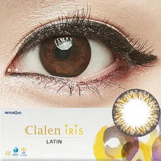 A close-up of a brown eye wearing Clalen Iris Latin Brown (30pk) circle lenses by Clalen highlights the colored contact lens effect; a "Clalen Iris Latin" box with the lens design is visible at the bottom.