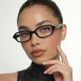 Fashion portrait of model wearing EyeCandys Side Eye rectangular prescription glasses, full-frame design, unisex fit