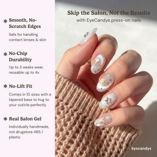 A hand shows EyeCandys' Constellation Prize Press-On Nails, featuring sparkly star and glitter designs. Text highlights smooth edges, secure fit, handmade quality, and up to 3 weeks’ chip-free wear as soft sunlight enhances the look.
