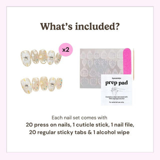 Image displays contents of EyeCandys Constellation Prize Press-On Nails set: 20 shimmery, handmade gel nails, cuticle stick, pink nail file, sticky tabs sheet, and alcohol prep pad. Text details included items in each set.
