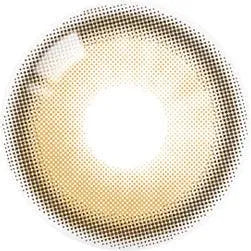 The Olola Dahlia Brown by Olola is a circular tan and white color contact lens with a central hole, shown with a halftone dot pattern overlay for a vintage comic book effect.