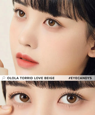 Two close-ups highlight a person's face, featuring Olola Dahlia Brown contact lenses for stunning eyes and soft peach makeup. Perfect for both non-prescription users and those needing myopia prescription, from the Olola brand.