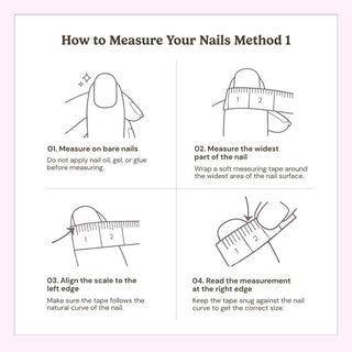 Four illustrated steps show how to measure your nails with a ruler—each features text and simple line drawings for accurate width and curve measurements, ideal for choosing EyeCandys Daisy Does It Press-On Nails or planning a salon gel manicure.