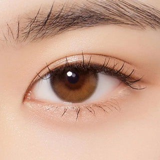 Close-up of a brown eye with long lashes and a well-groomed brow, wearing Olola Daymood 1-Day Brown (10pk) contacts by Olola for myopia, with smooth light-toned skin and natural makeup.