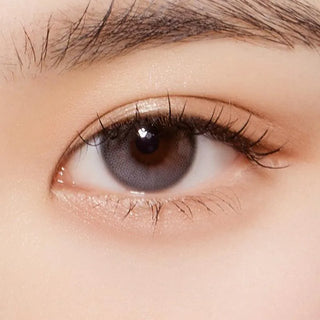 A close-up of a person's eye with natural makeup, long lashes, and a neat brow. The brown iris is enhanced by Olola Daymood 1-Day Grey (10pk) contact lens from Olola. Skin appears smooth under soft lighting.