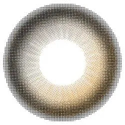 A circular, pixelated image of Olola Daymood Brown by Olola—a brown contact lens with a dark rim fading to lighter brown and beige at the center and a clear pupil area—ideal for dark eyes or myopia correction.