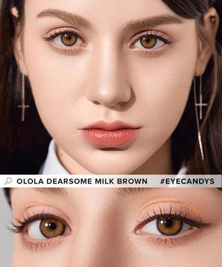 Close-up of a woman with fair skin wearing Olola Dearsome Milk Brown lenses by Olola, natural makeup, and cross earrings; lower image details her eyes and long lashes. Available in non-prescription and myopia prescription options.